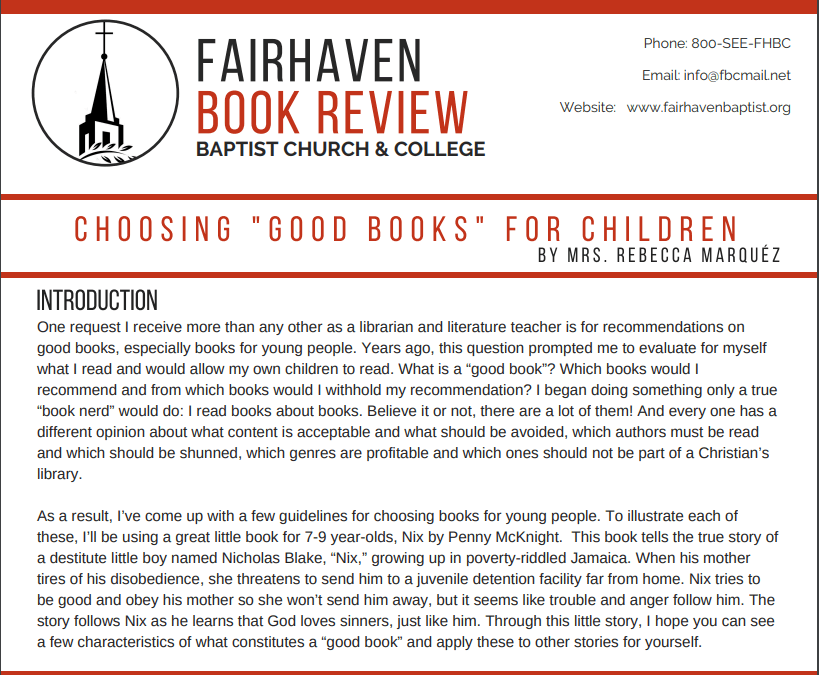 Fairhaven Book Review – CHOOSING “GOOD BOOKS” FOR CHILDREN
